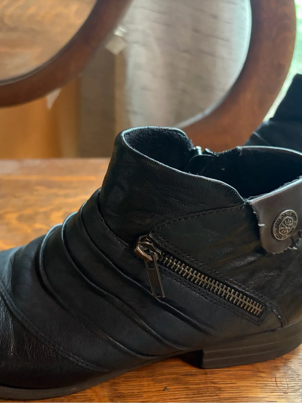 Dark Blue and Black Leather Ankle Boots by Remonte, Brown Detail and Side Zipper